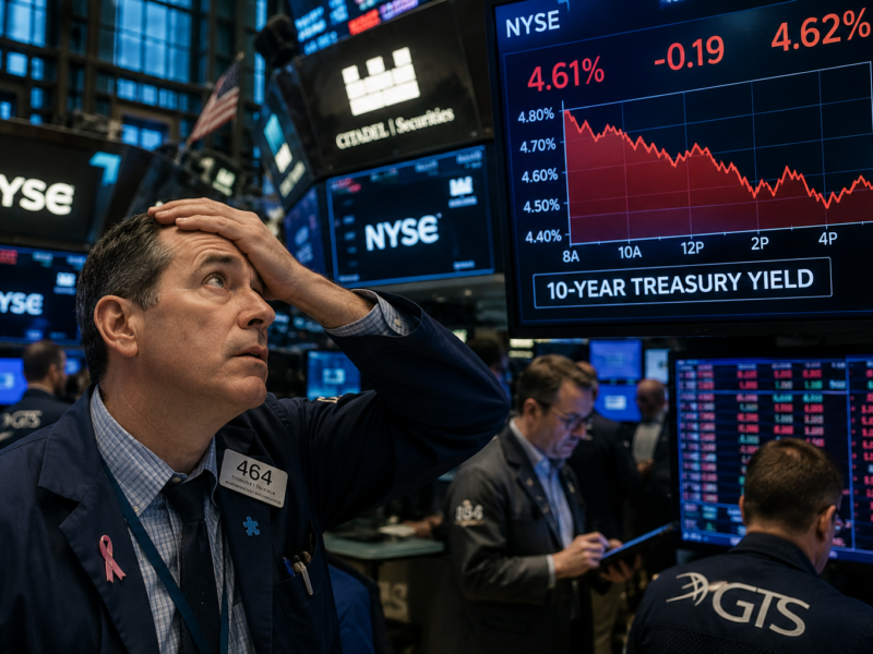 A worried trader on the New York Stock Exchange floor watching a rising 10-year Treasury yield chart for a satire story about inflation fears