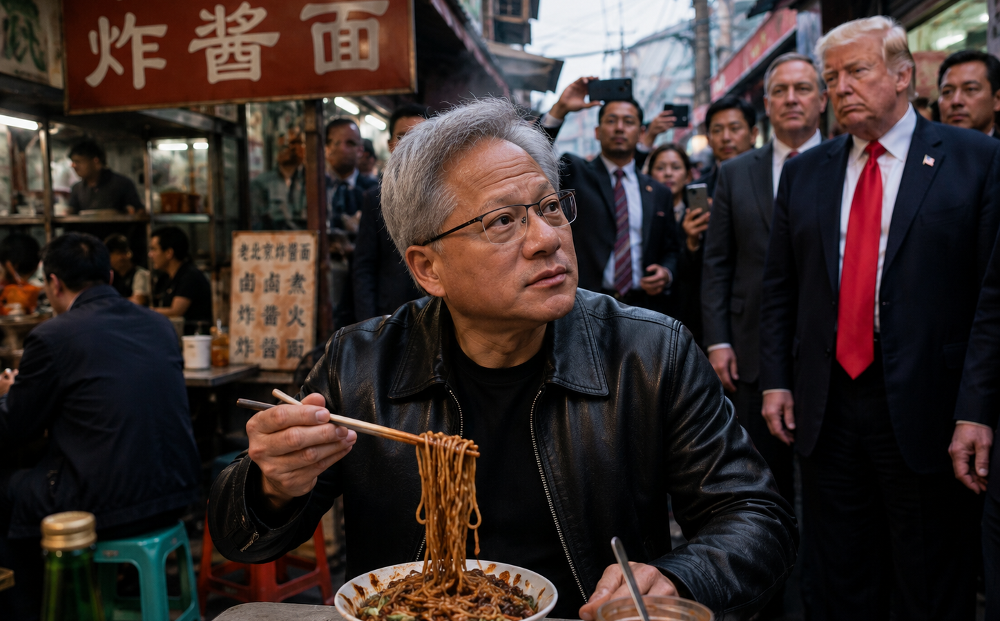 Jensen Huang eating noodles at a Beijing street restaurant while Donald Trump and officials stand nearby for a satire story about Nvidia and AI chips