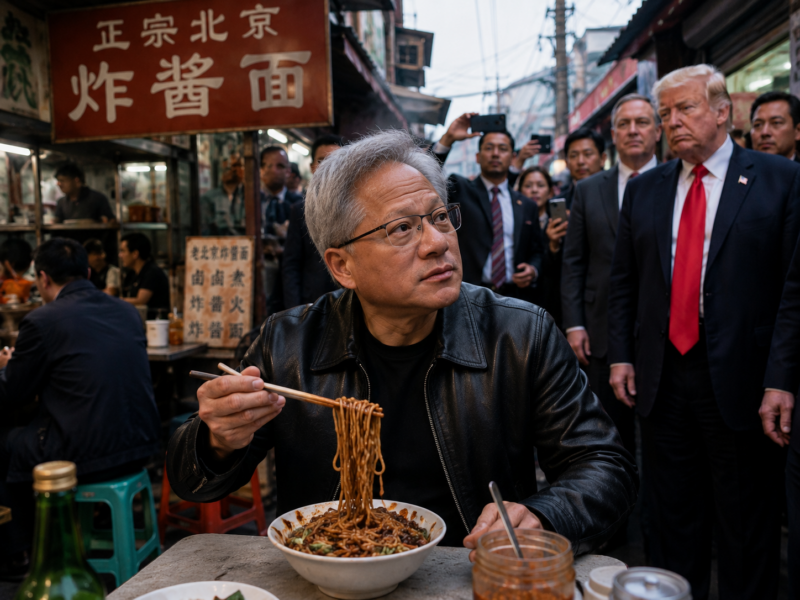 Jensen Huang eating noodles at a Beijing street restaurant while Donald Trump and officials stand nearby for a satire story about Nvidia and AI chips