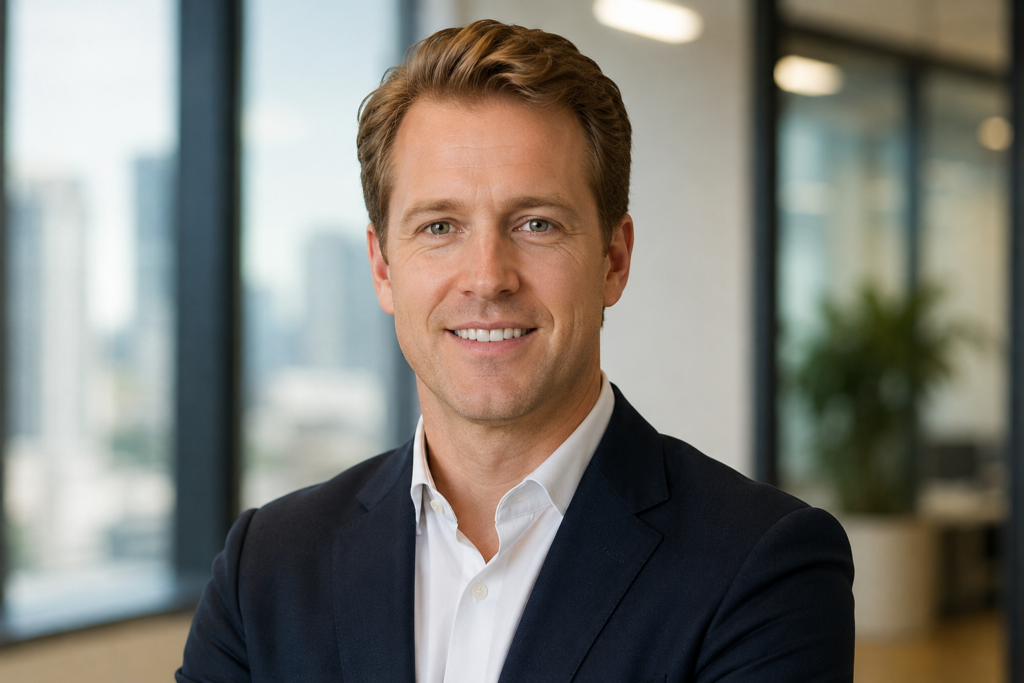 Portrait of a polished fictional Bitcoin CEO in a modern office for a satire story about a crypto brand rebrand