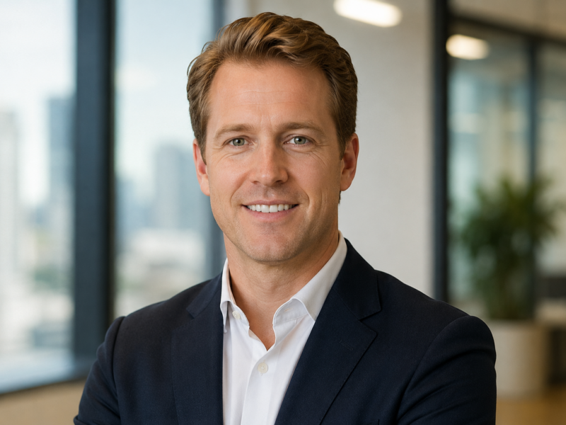Portrait of a polished fictional Bitcoin CEO in a modern office for a satire story about a crypto brand rebrand