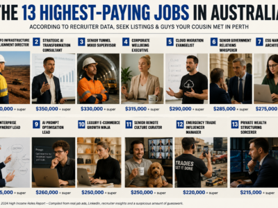 Infographic listing fictional highest-paying jobs in Australia, including FIFO infrastructure alignment director and strategic AI transformation consultant