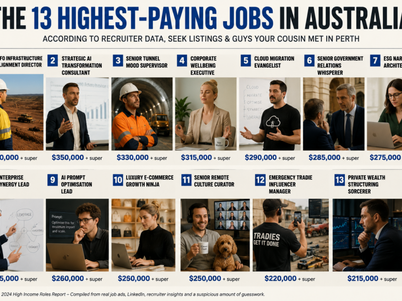 Infographic listing fictional highest-paying jobs in Australia, including FIFO infrastructure alignment director and strategic AI transformation consultant