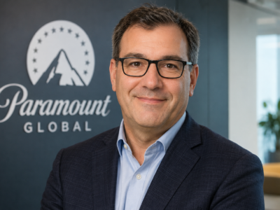 Paramount technology executive in front of a Paramount Global office sign for a satire story about a departing tech chief farewell email