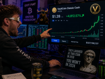 Crypto trader reacting to a fictional VaultCoin Classic Cash chart surging on multiple trading screens
