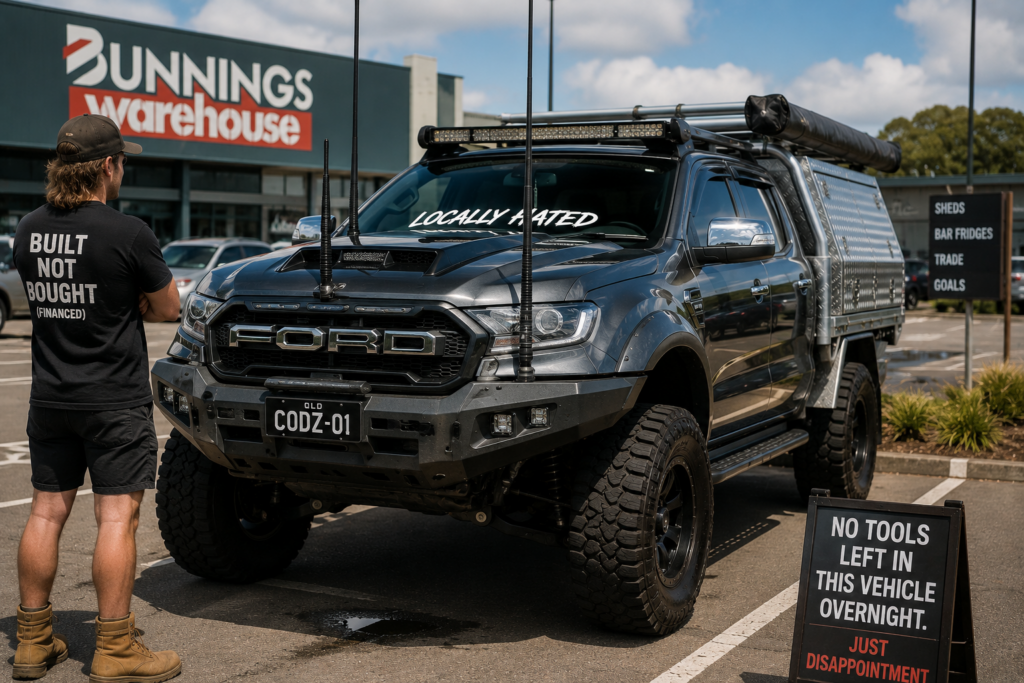 Australian tradie standing beside a heavily modified Ford Ranger outside Bunnings for a satire story about financed ute upgrades