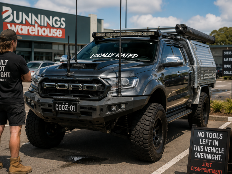 Australian tradie standing beside a heavily modified Ford Ranger outside Bunnings for a satire story about financed ute upgrades