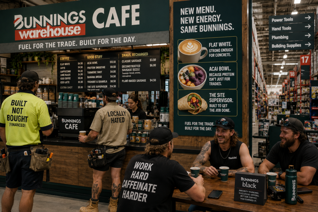Tradies lining up at a fictional Bunnings cafe menu for a satire story about flat whites and acai bowls