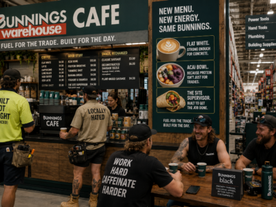 Tradies lining up at a fictional Bunnings cafe menu for a satire story about flat whites and acai bowls
