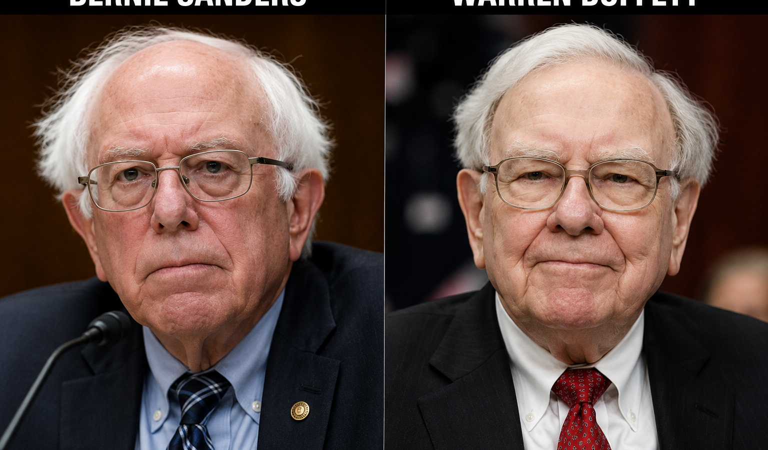 Side-by-side fictional comparison image of Bernie Sanders and Warren Buffett for a satire story about internet users confusing the two men