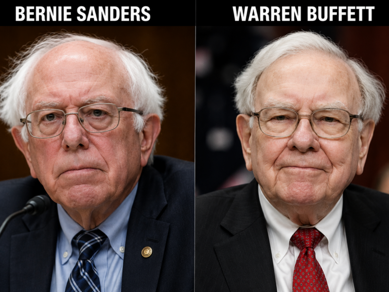 Side-by-side fictional comparison image of Bernie Sanders and Warren Buffett for a satire story about internet users confusing the two men