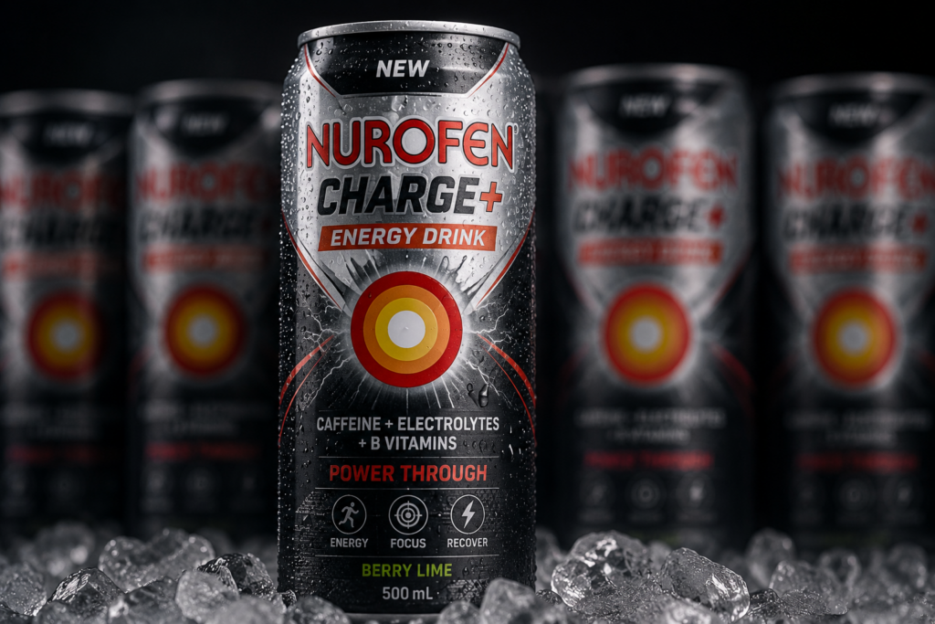 Fictional Nurofen Charge+ energy drink can for a satire story about Australians pushing through headaches
