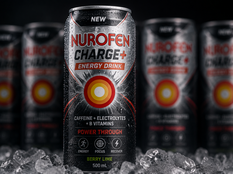 Fictional Nurofen Charge+ energy drink can for a satire story about Australians pushing through headaches
