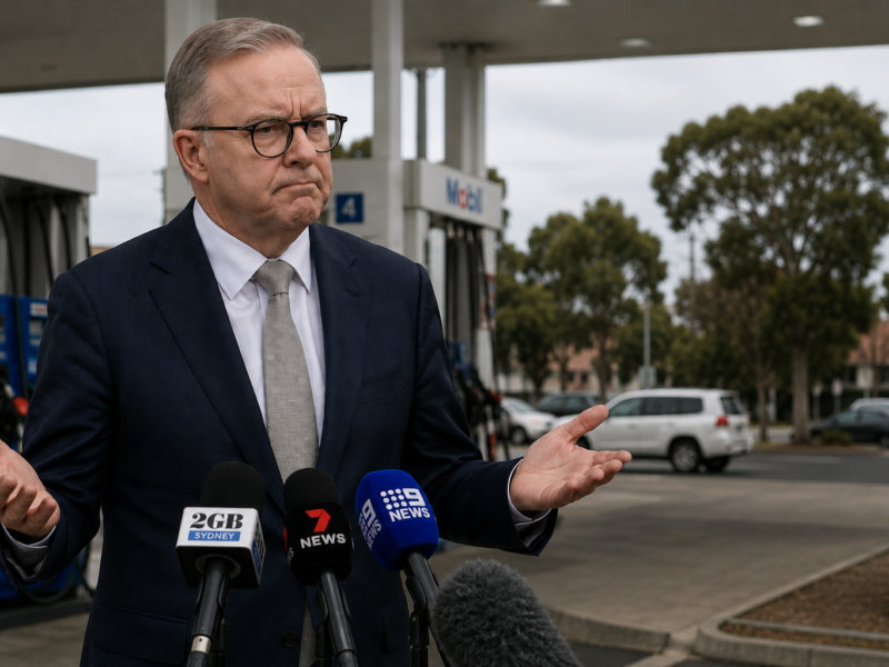 Prime Minister Anthony Albanese speaking to reporters at a petrol station for a satire story about fuel excise relief