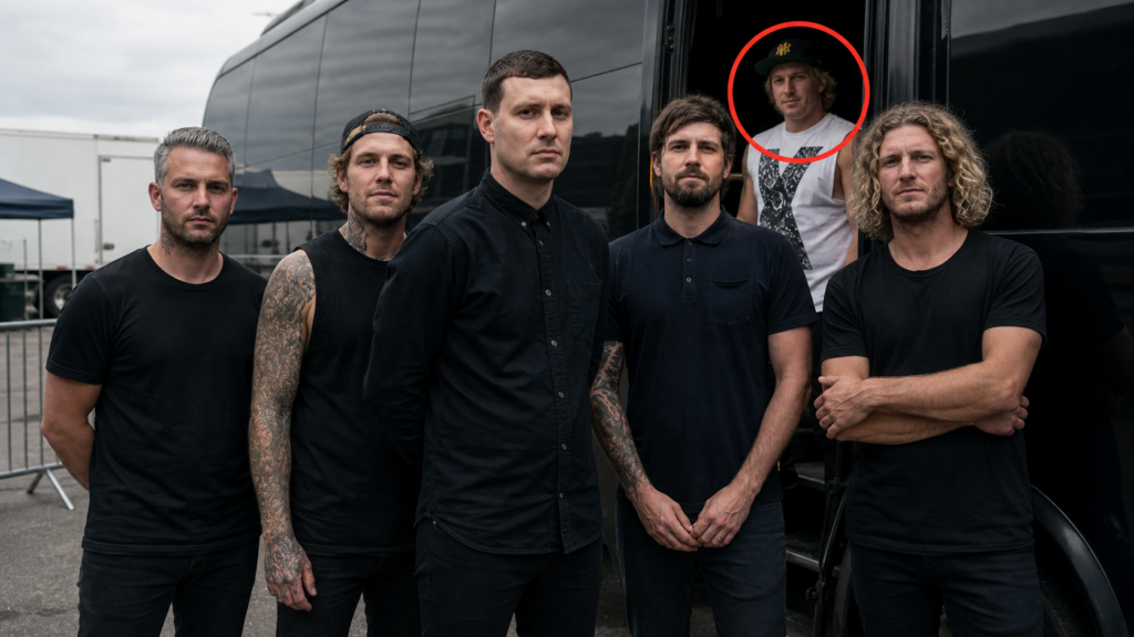 Fictional tour photo of Parkway Drive with a red circle around Chode in the bus doorway for a satire story about 2000s metalcore footage