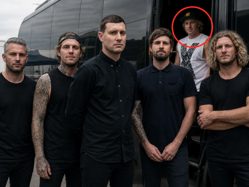 Fictional tour photo of Parkway Drive with a red circle around Chode in the bus doorway for a satire story about 2000s metalcore footage