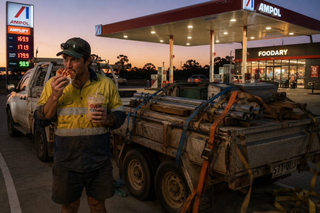 Australian tradie eating a servo pie and holding iced coffee beside an overloaded trailer at an Ampol before sunrise