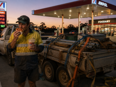 Australian tradie eating a servo pie and holding iced coffee beside an overloaded trailer at an Ampol before sunrise