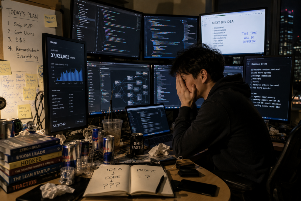 Exhausted developer surrounded by monitors, token usage dashboards, startup notes, and energy drink cans