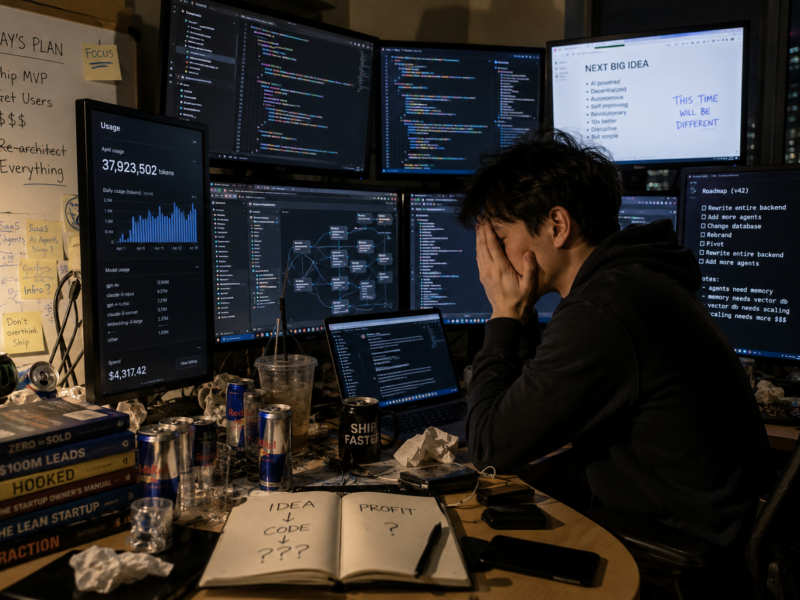 Exhausted developer surrounded by monitors, token usage dashboards, startup notes, and energy drink cans