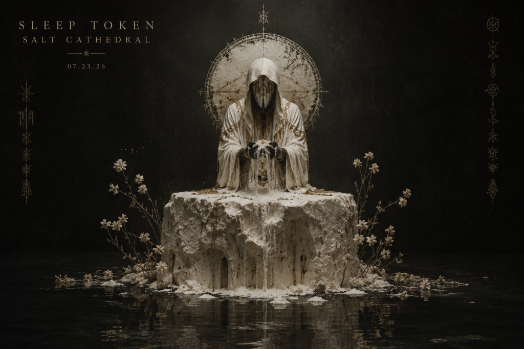 Fictional Sleep Token Salt Cathedral album artwork showing a masked figure at a salt-covered altar in dark water
