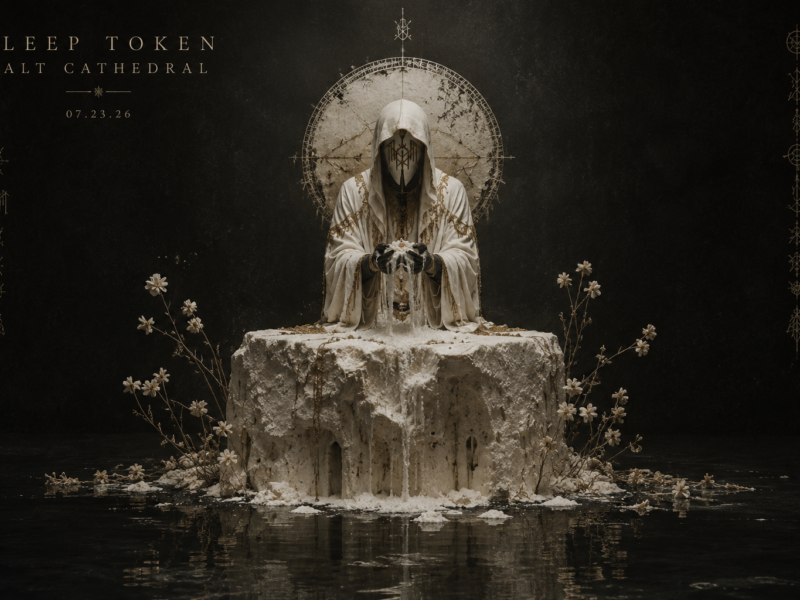 Fictional Sleep Token Salt Cathedral album artwork showing a masked figure at a salt-covered altar in dark water