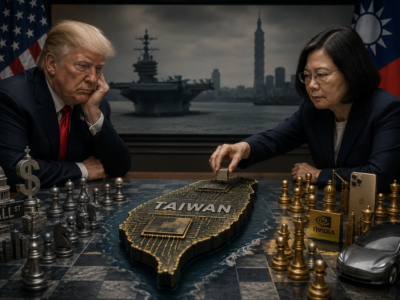 Donald Trump and a Taiwanese official facing a chessboard shaped like Taiwan with semiconductor pieces