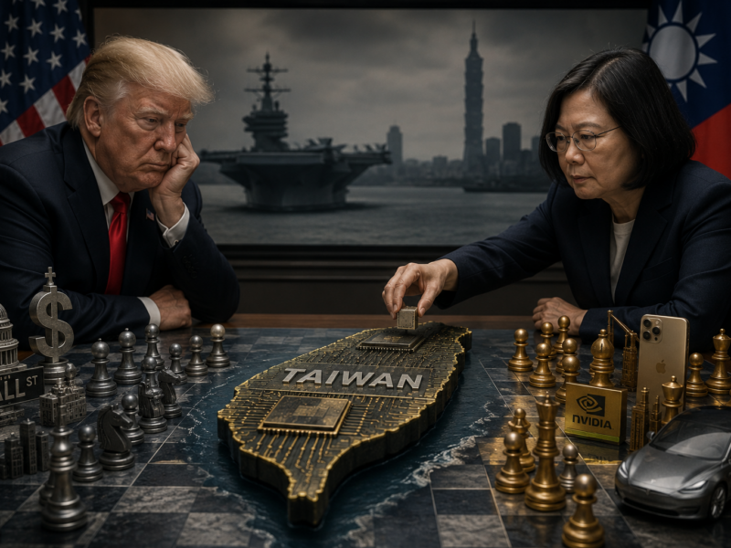 Donald Trump and a Taiwanese official facing a chessboard shaped like Taiwan with semiconductor pieces