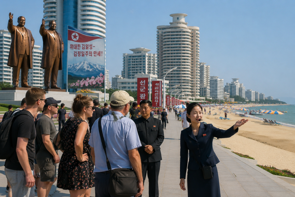 Foreign tourists being guided along a North Korean beach resort promenade with statues, banners, and high-rise hotels