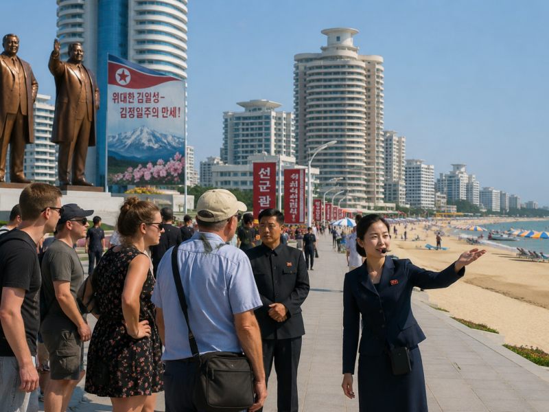 Foreign tourists being guided along a North Korean beach resort promenade with statues, banners, and high-rise hotels