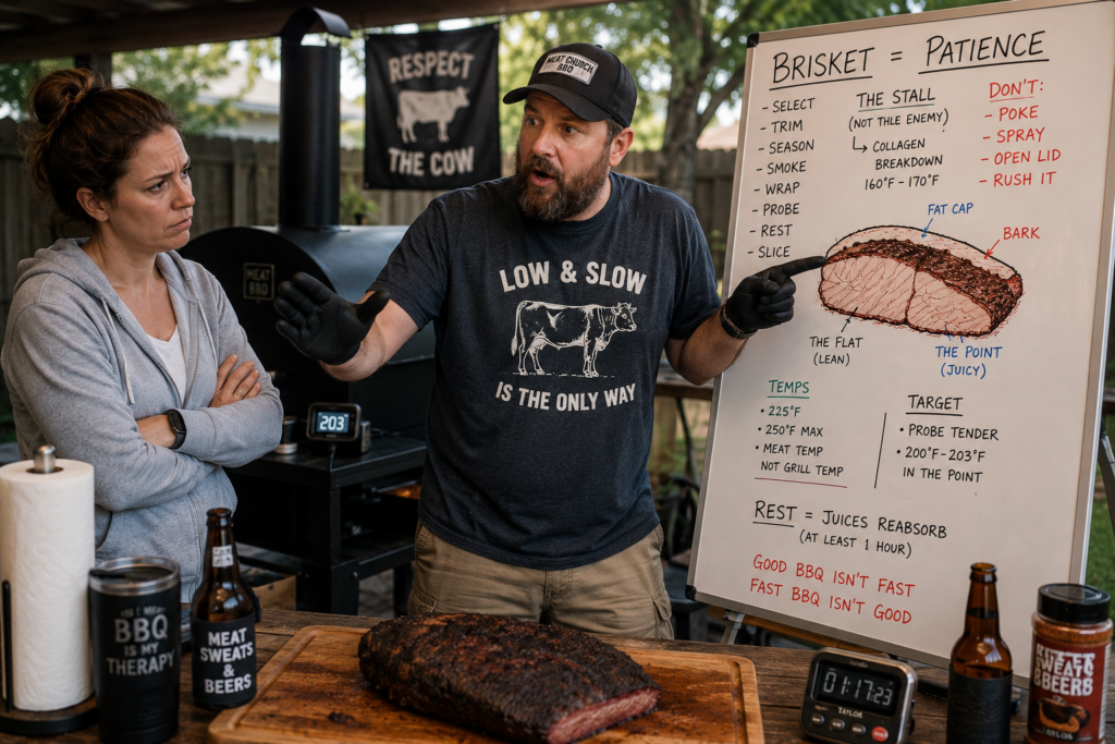 Man explaining brisket cooking stages beside a smoker and whiteboard while his wife looks annoyed
