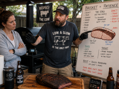 Man explaining brisket cooking stages beside a smoker and whiteboard while his wife looks annoyed