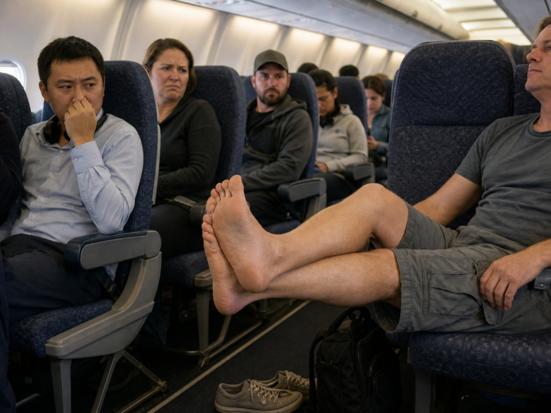Airplane passengers reacting to a barefoot man stretching his feet across an economy cabin.