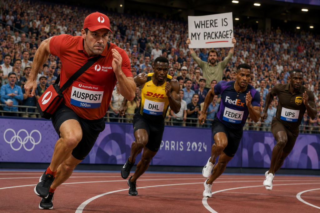 An Australia Post delivery contractor sprinting ahead of other parcel company runners on a stadium track.