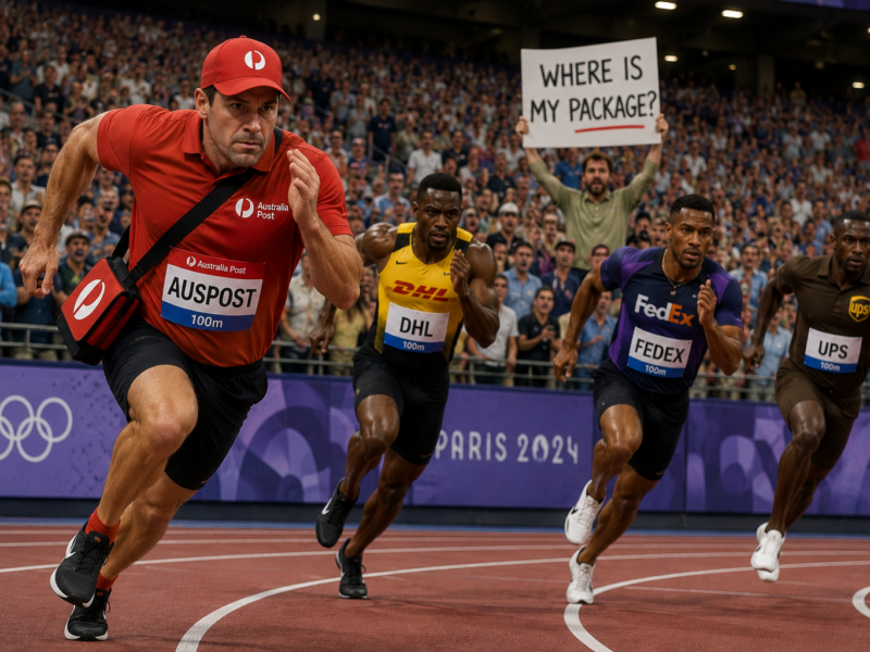 An Australia Post delivery contractor sprinting ahead of other parcel company runners on a stadium track.