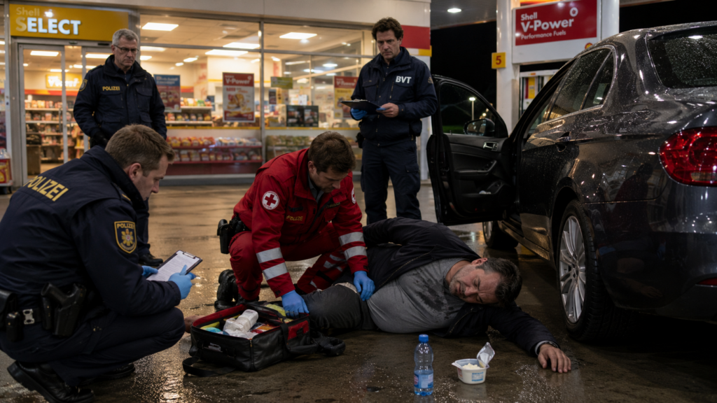 Emergency responders and police attending to a former spy beside a car at a gas station after a cottage cheese incident.