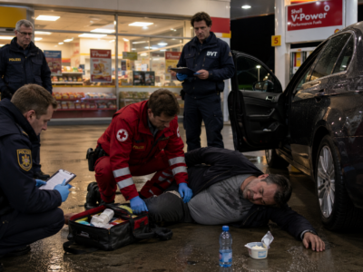 Emergency responders and police attending to a former spy beside a car at a gas station after a cottage cheese incident.