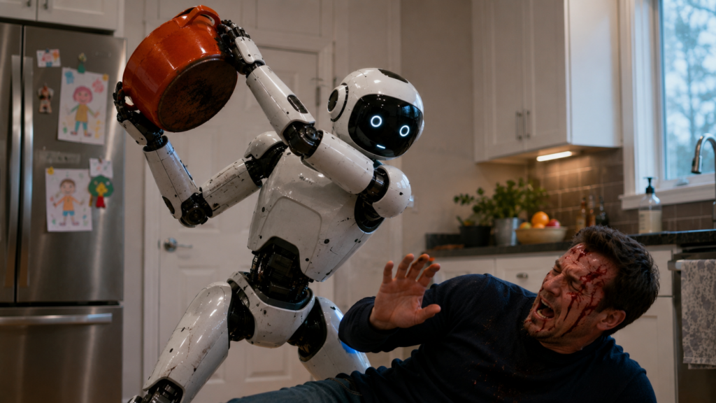 A domestic robot holding a Dutch oven while a man recoils on a kitchen floor.