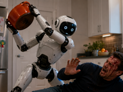 A domestic robot holding a Dutch oven while a man recoils on a kitchen floor.