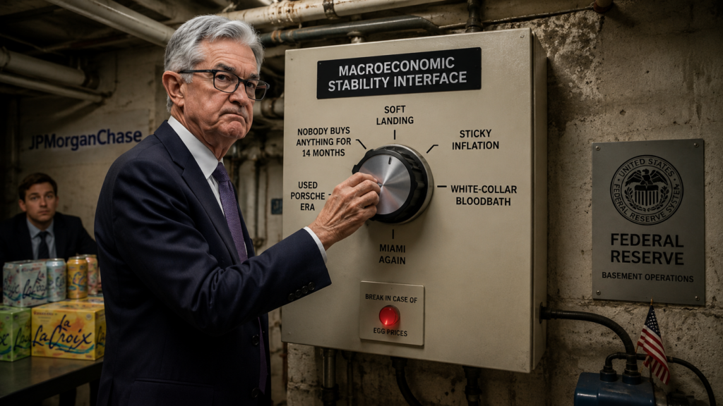 Jerome Powell turning a giant macroeconomic thermostat in a basement control room.