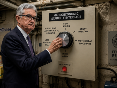 Jerome Powell turning a giant macroeconomic thermostat in a basement control room.
