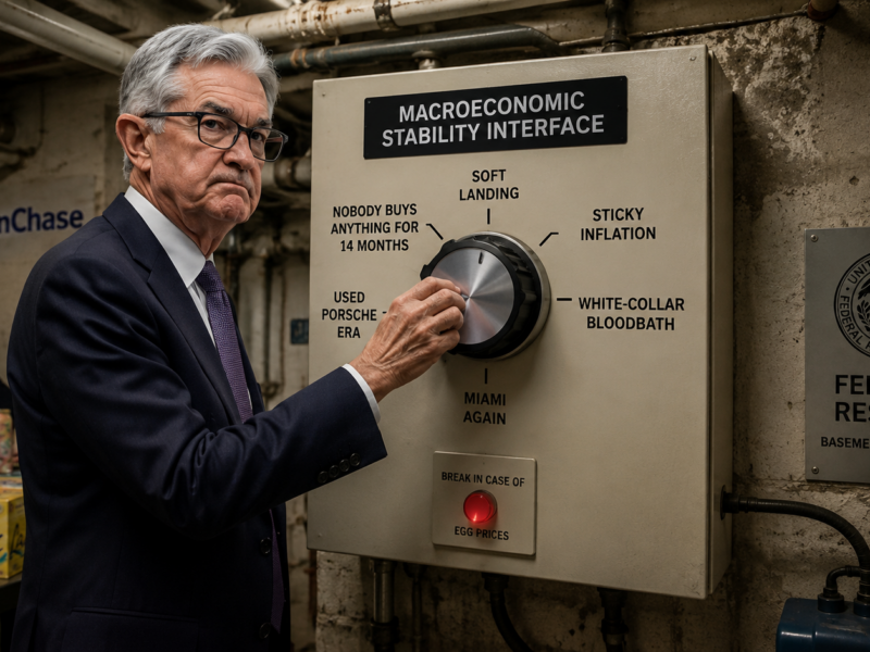 Jerome Powell turning a giant macroeconomic thermostat in a basement control room.