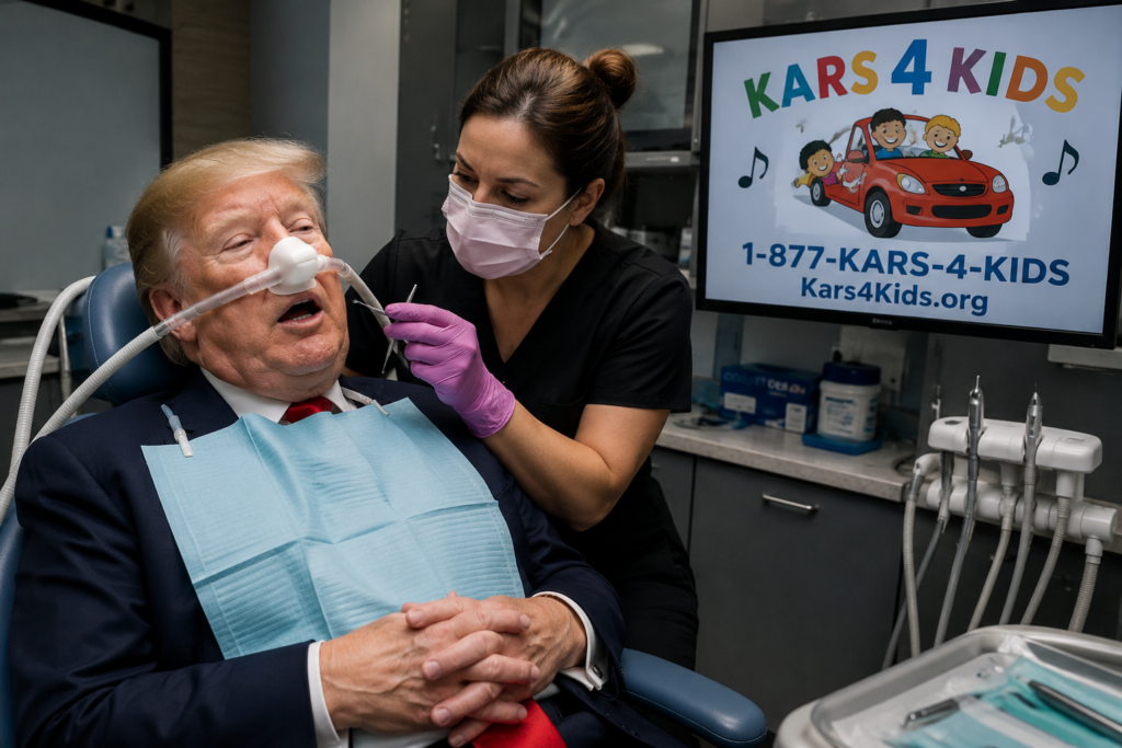 President Trump in a dentist chair while a Kars4Kids ad plays on a nearby screen.
