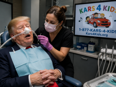 President Trump in a dentist chair while a Kars4Kids ad plays on a nearby screen.