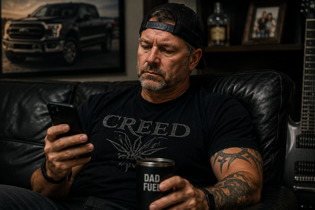 A middle-aged man in a Creed shirt looking at his phone while holding a Dad Fuel cup in a dark living room.