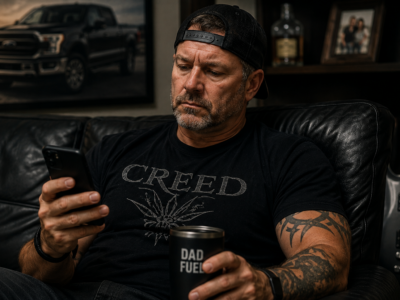 A middle-aged man in a Creed shirt looking at his phone while holding a Dad Fuel cup in a dark living room.