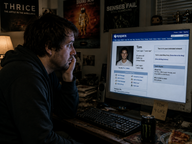 A tired man staring at an old MySpace profile for Tom on a desktop computer in a dark bedroom.