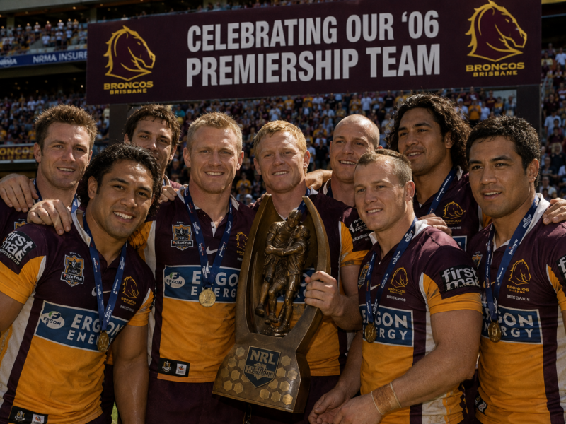 Brisbane Broncos players in maroon and gold jerseys posing with a premiership trophy at Suncorp Stadium.