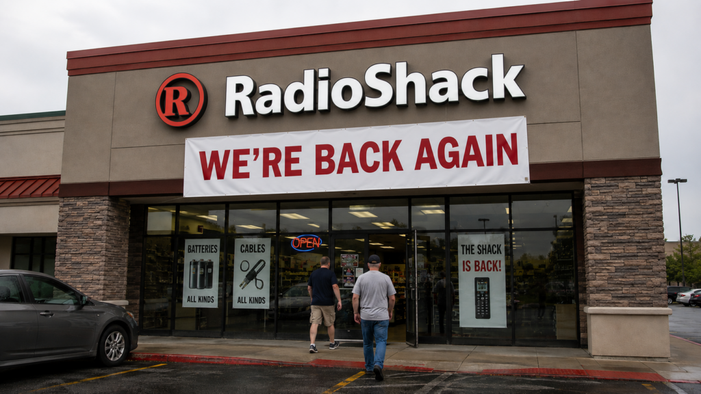 A reopened RadioShack storefront with a large We Are Back Again banner and customers walking inside.
