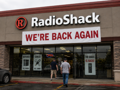 A reopened RadioShack storefront with a large We Are Back Again banner and customers walking inside.